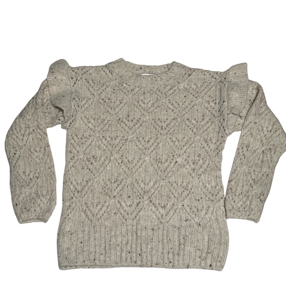 Womens Cream Speckled Knit Sweater Ruffle Shoulder Long Sleeve Cozy Casual‎